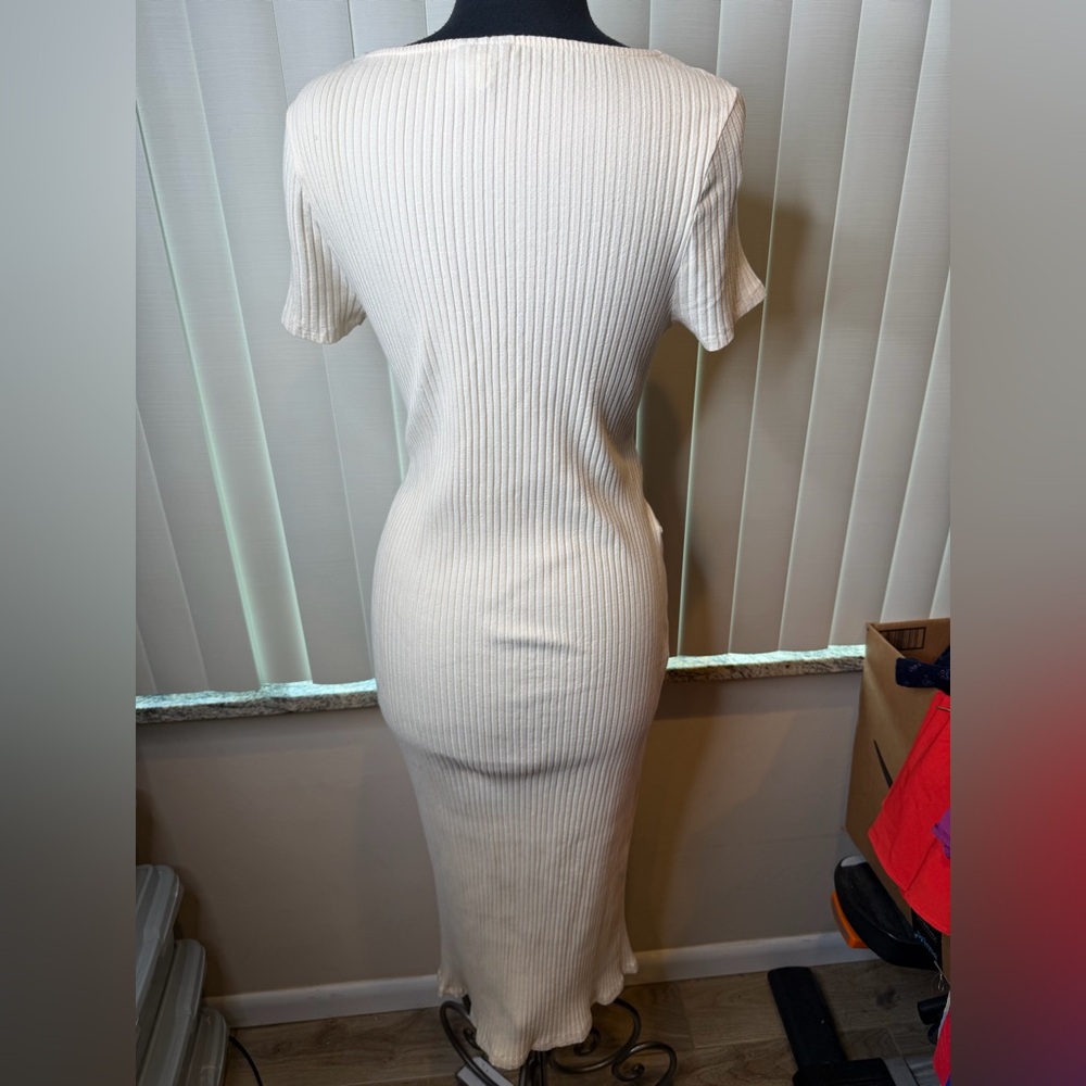 TOPSHOP Midi Sweater Dress 10 Beige Ribbed Knit Short Sleeve Tie Belt Size 14 - Picture 5 of 7